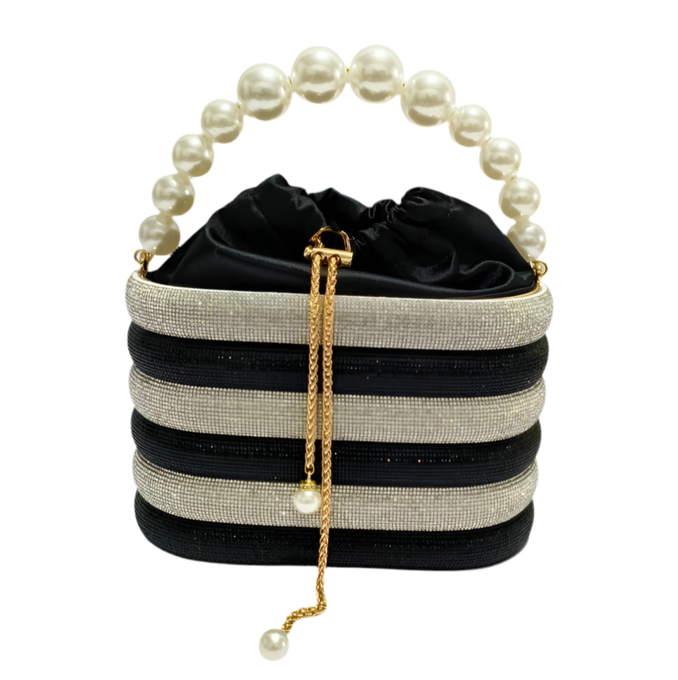 Sparkling Striped Rhinestone Evening Bag with Drawstring Closure and Fax Pearl Handle