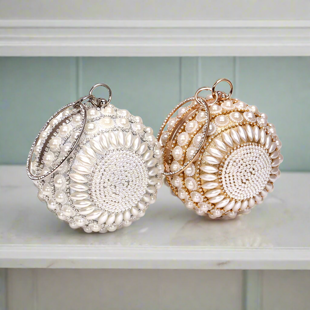 Dainty Round Pearl-Adorned Evening Bag in Silver or Gold