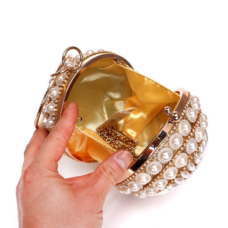 Dainty Round Pearl-Adorned Evening Bag in Silver or Gold