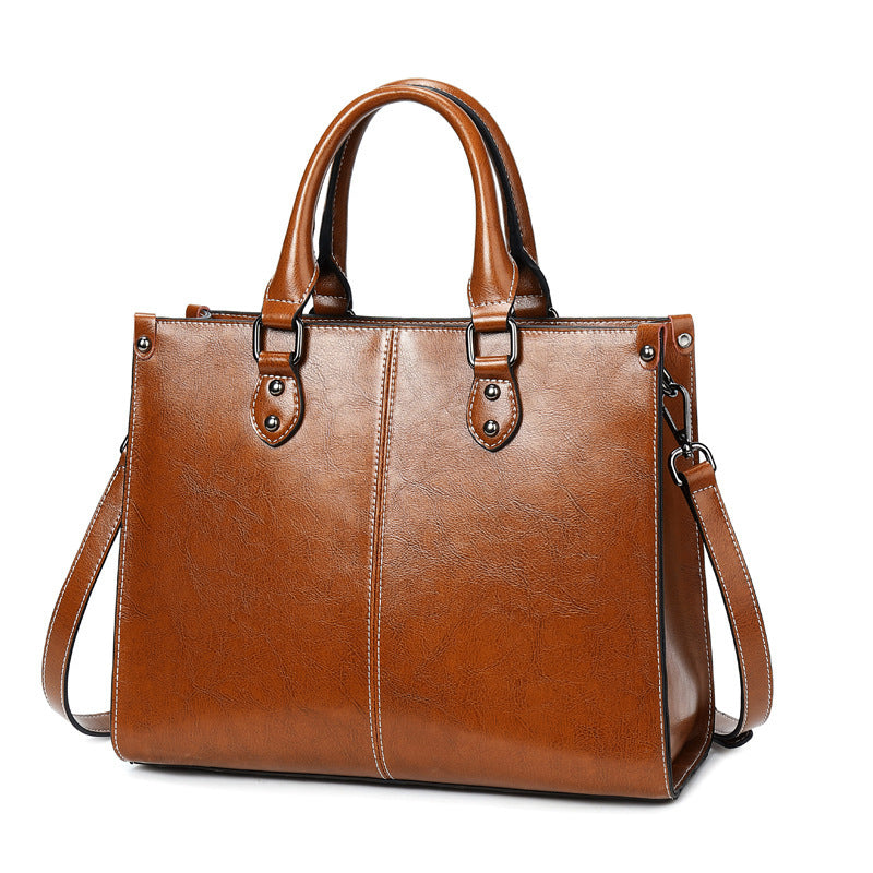 Stitched Oil Wax Cowhide Leather Handbag