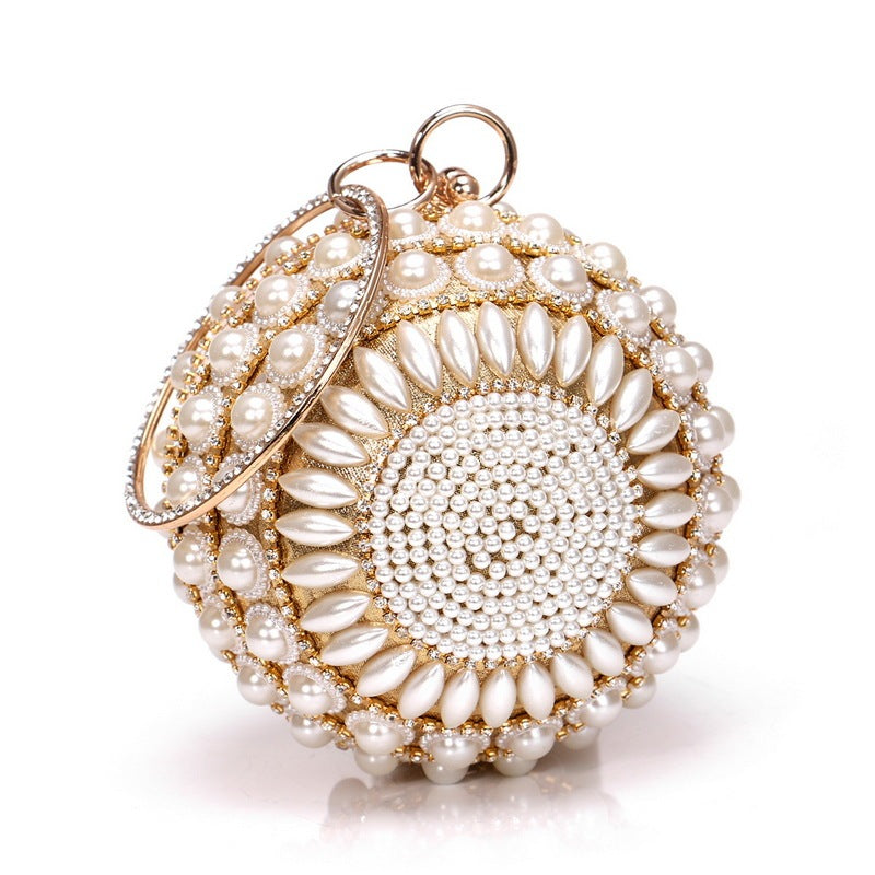 Dainty Round Pearl-Adorned Evening Bag in Silver or Gold