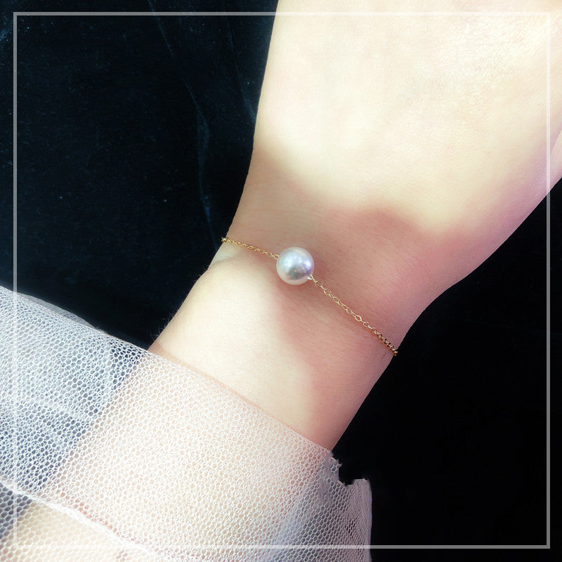 Single 18K Gold Japanese Akoya sea pearl bracelet adjusts natural rose white color gold flawless bulb