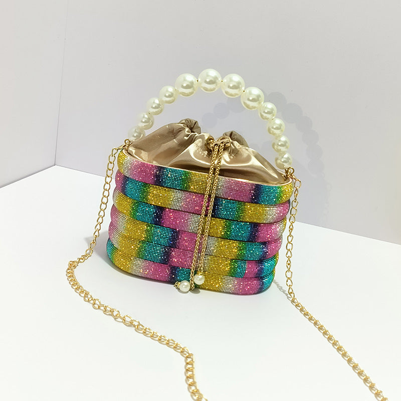 Sparkling Striped Rhinestone Evening Bag with Drawstring Closure and Fax Pearl Handle