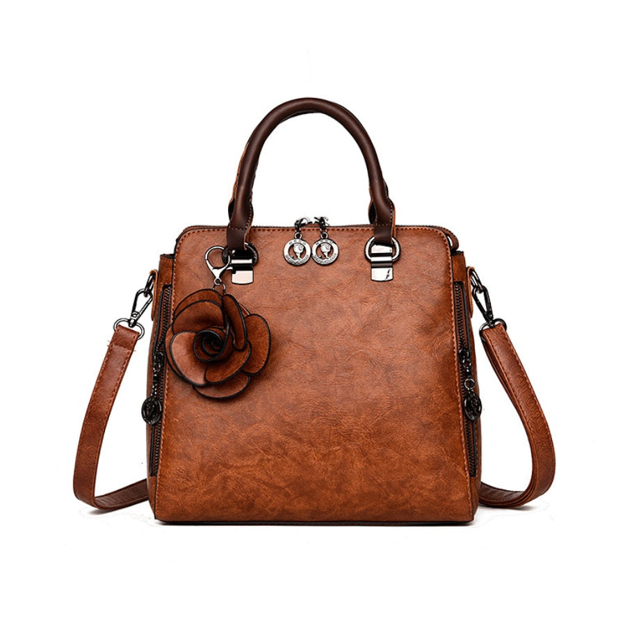 Faux Leather Handbag with Rose Decoration