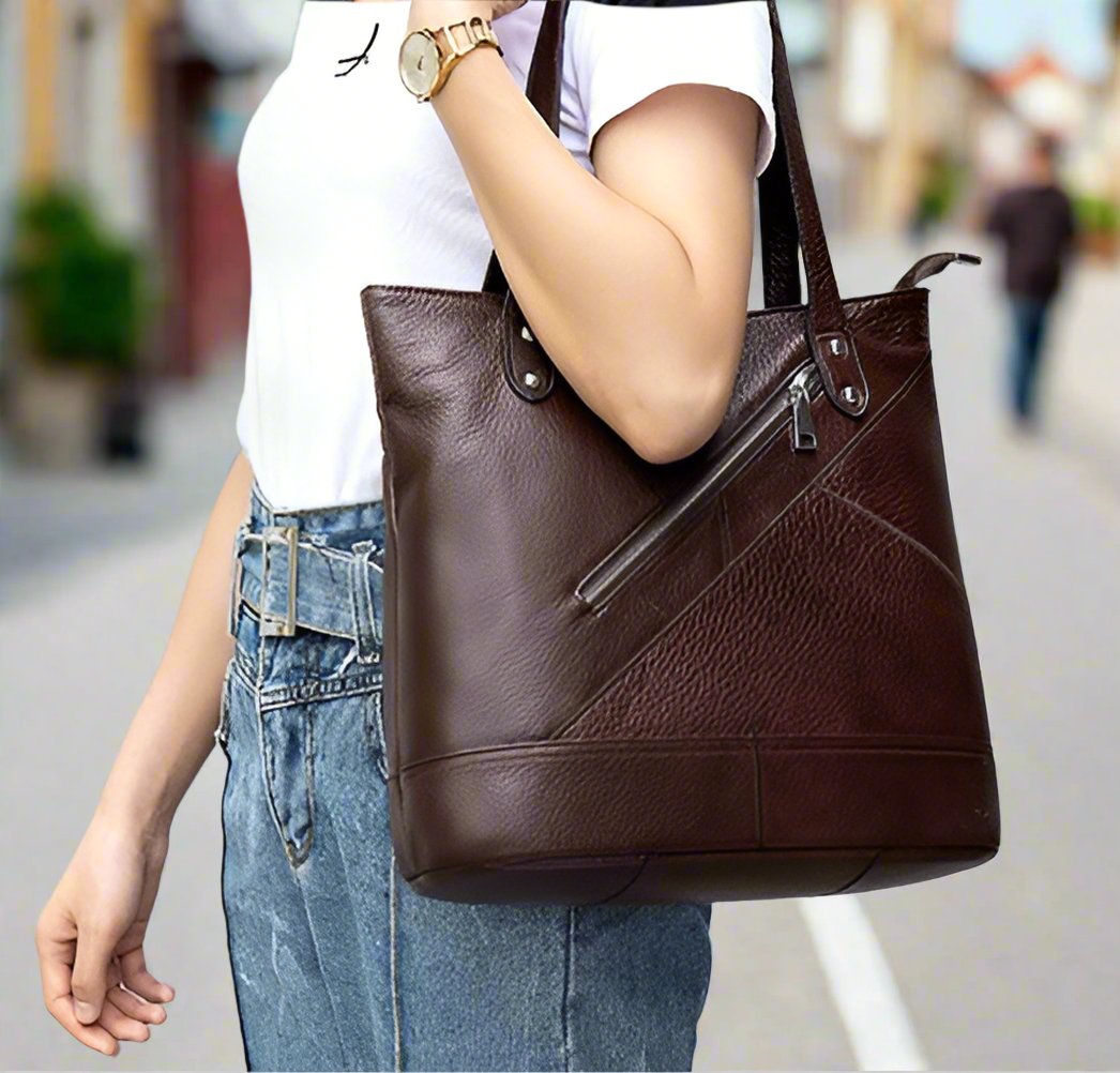 Coffee Leather Shoulder Bag with Asymmetrical Zippered Pocket Design