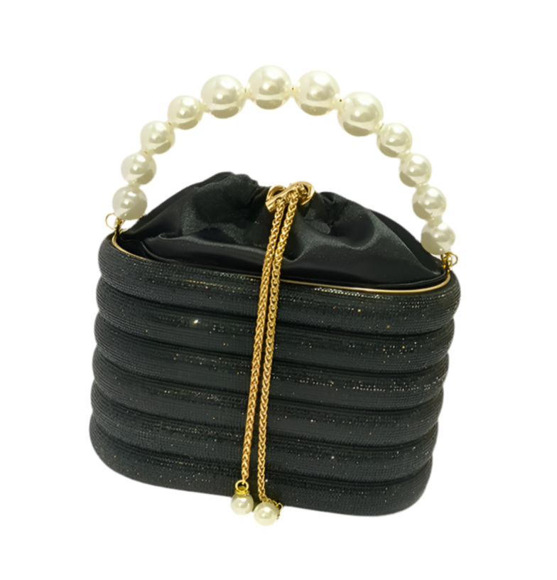 Sparkling Striped Rhinestone Evening Bag with Drawstring Closure and Fax Pearl Handle