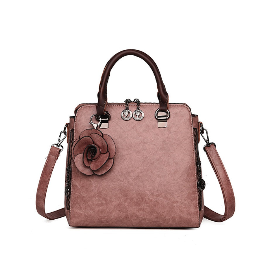 Faux Leather Handbag with Rose Decoration