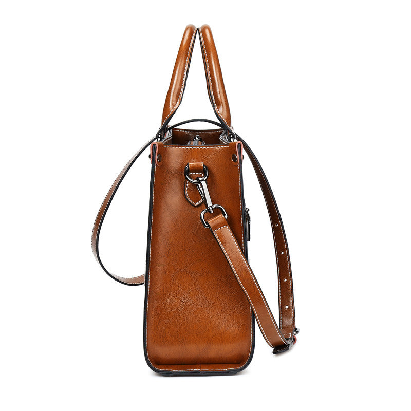 Stitched Oil Wax Cowhide Leather Handbag