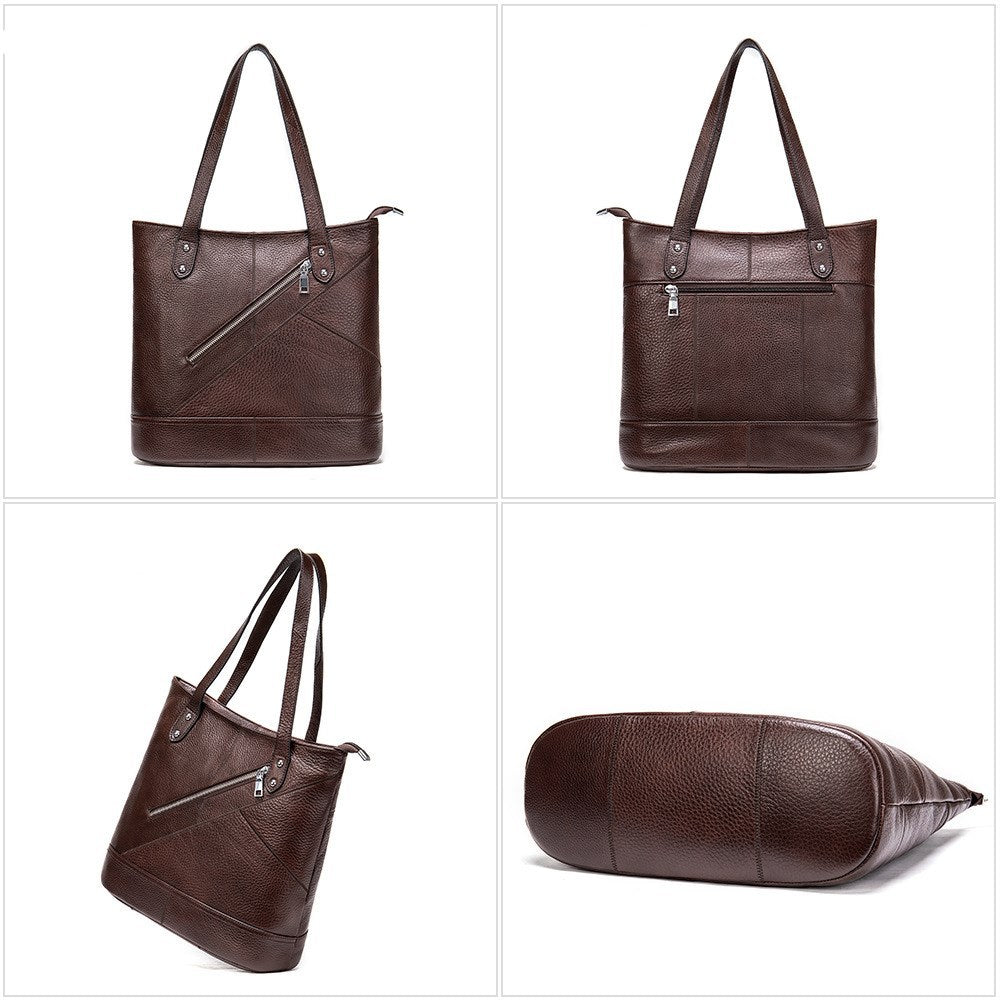 Coffee Leather Shoulder Bag with Asymmetrical Zippered Pocket Design