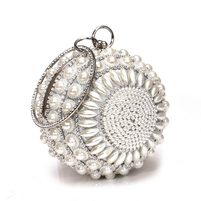 Dainty Round Pearl-Adorned Evening Bag in Silver or Gold