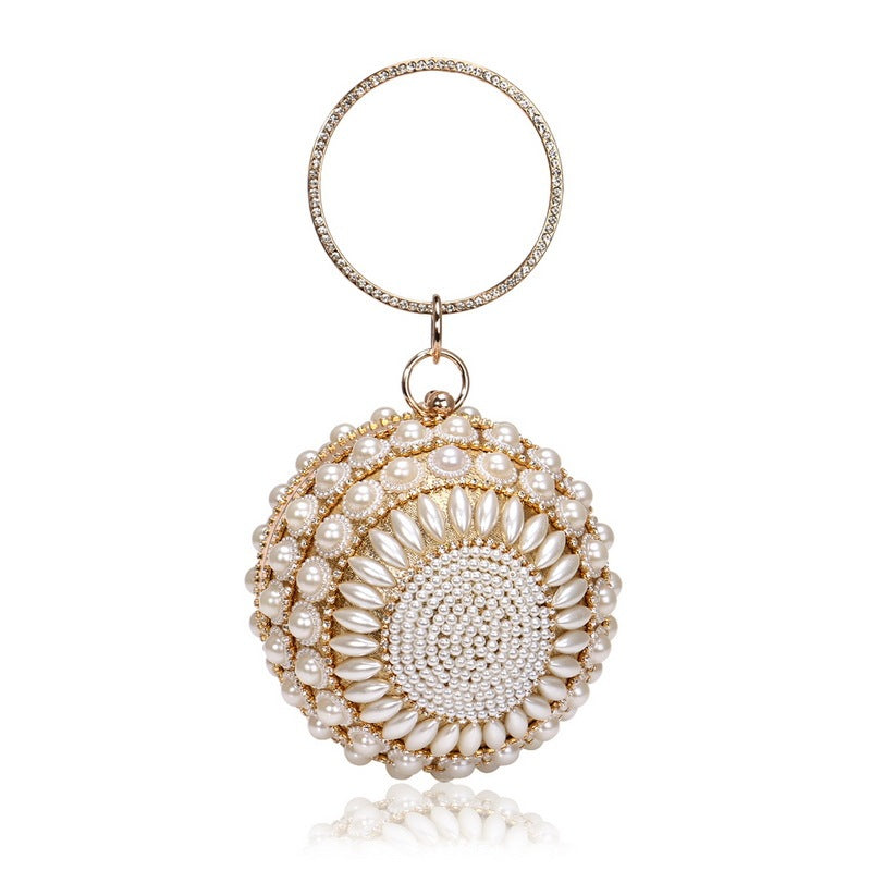 Dainty Round Pearl-Adorned Evening Bag in Silver or Gold