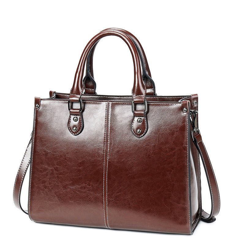 Stitched Oil Wax Cowhide Leather Handbag