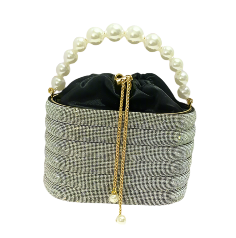 Sparkling Striped Rhinestone Evening Bag with Drawstring Closure and Fax Pearl Handle