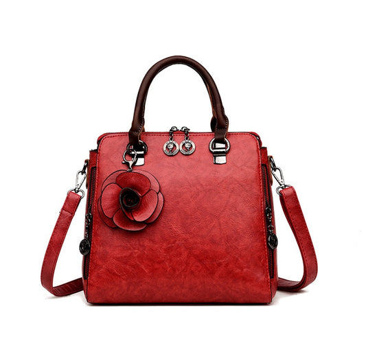 Faux Leather Handbag with Rose Decoration