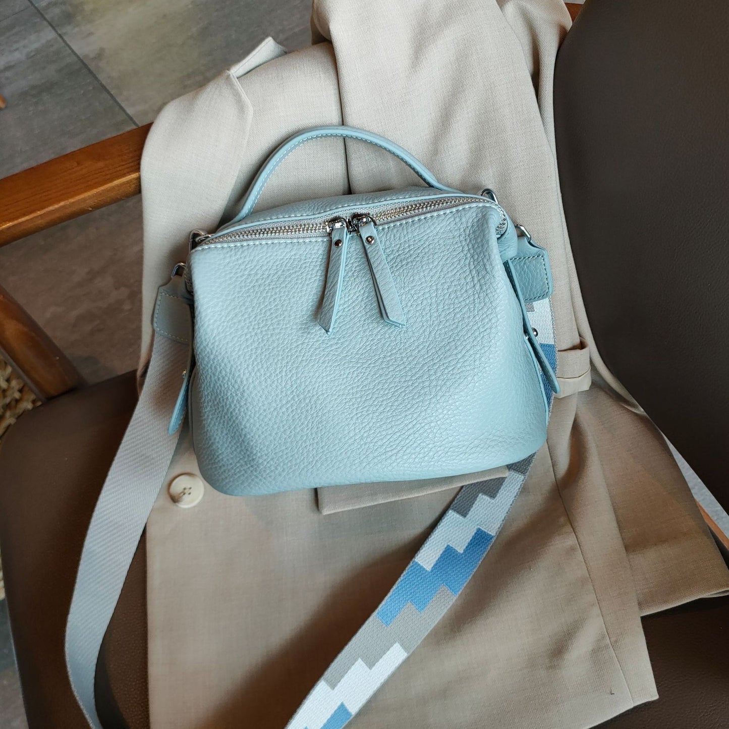 Soft Leather Crossbody Bag in Cerulean Blue