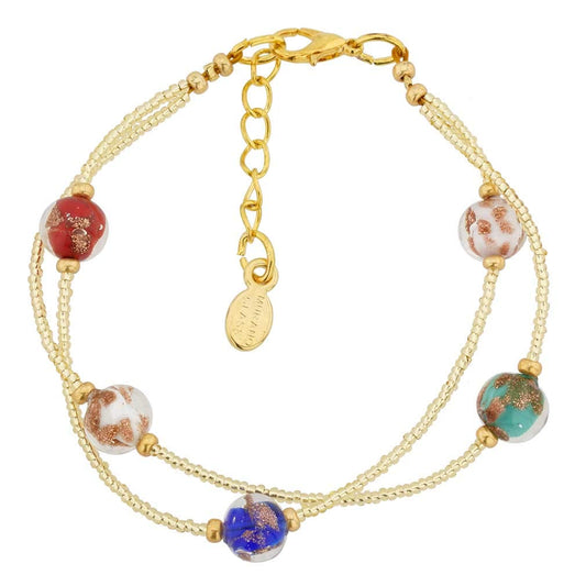 Handmade in Venice  Multicolor Aurora Murano Blown Glass Bracelet with Italian Sparkling Beads and 24K Gold-Lined Beads