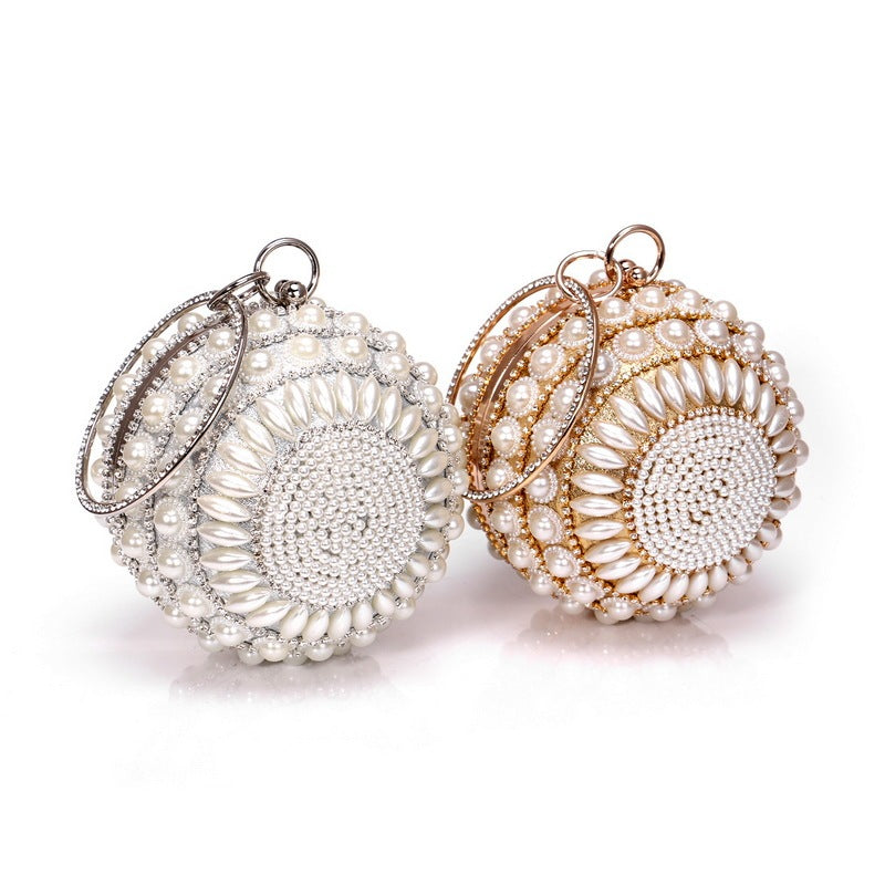 Dainty Round Pearl-Adorned Evening Bag in Silver or Gold