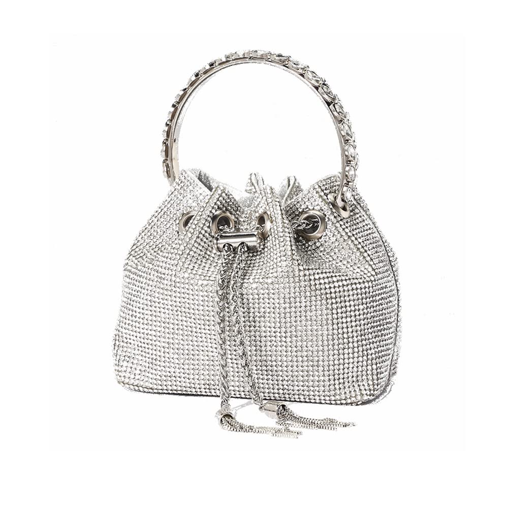 DJBM Women Full Diamonds Bucket Handbag Rhinestone Clutch Purse Evening Clutch for Women Party Prom Cocktail Wedding, Silver