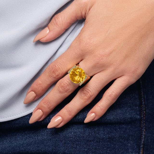 Israeli-Artisan Handcrafted 14K Gold Over Sterling Silver Statement Ring with 11.75 Total-Carat-Citrine Cubic Zirconia