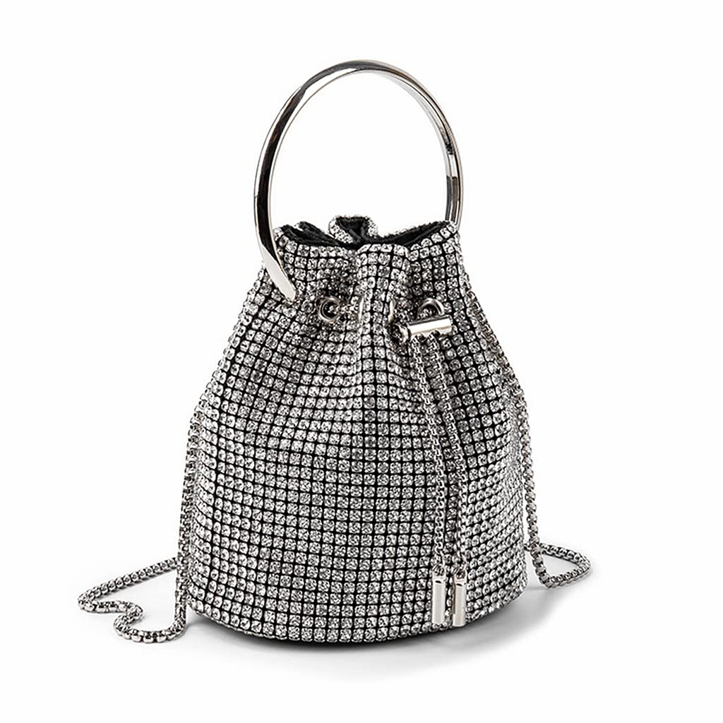 DJBM Sparkly Women Rhinestone Bucket Bag Diamond Evening Handbag Black Clutch Purse for Party Wedding Banquet Prom Purse, Black