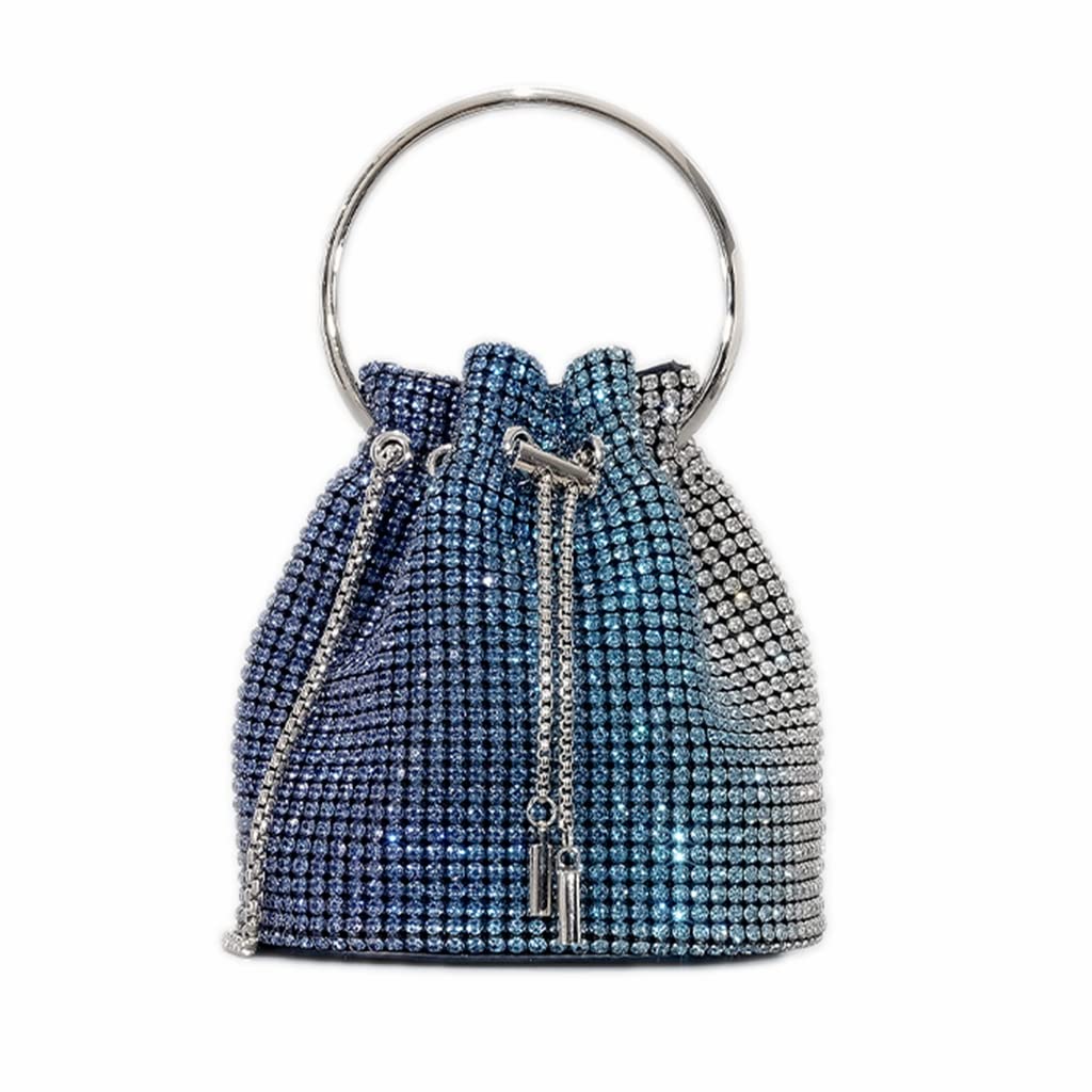 DJBM Sparkly Women Rhinestone Bucket Bag Diamond Evening Handbag Blue Silver Clutch Purse for Party Wedding Banquet Prom Purse, Blue