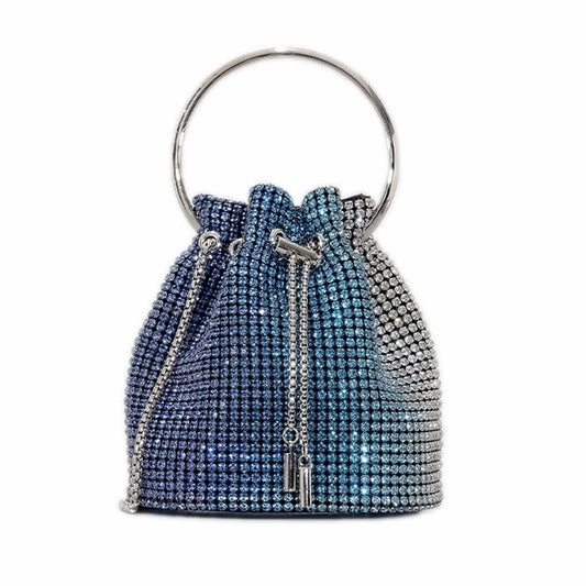 DJBM Sparkly Women Rhinestone Bucket Bag Diamond Evening Handbag Blue Silver Clutch Purse for Party Wedding Banquet Prom Purse, Blue