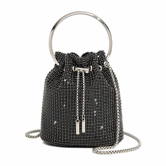 DJBM Sparkly Women Rhinestone Bucket Bag Diamond Evening Handbag Black Clutch Purse for Party Wedding Banquet Prom Purse, Black