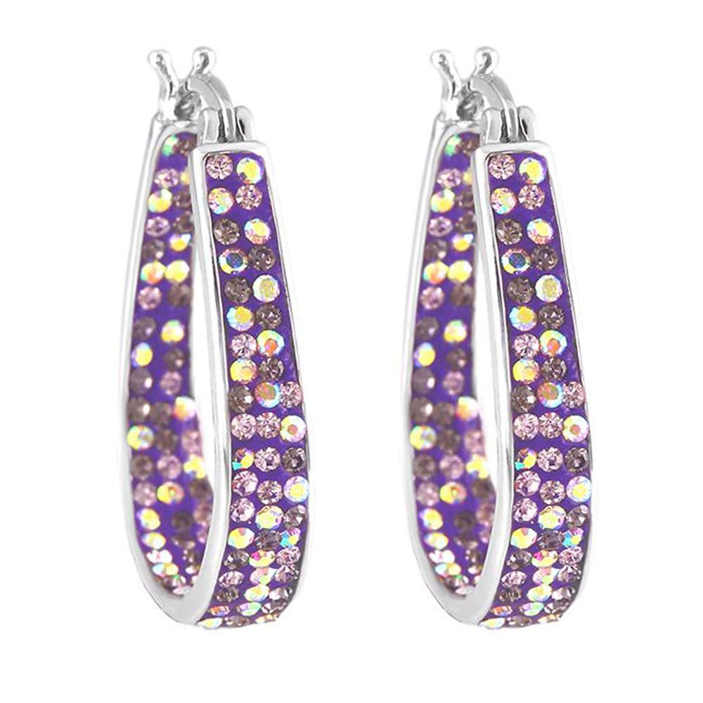 Savlano 14K White Gold Plated Inside Out Crystal Hoop Earrings For Women (Purple)