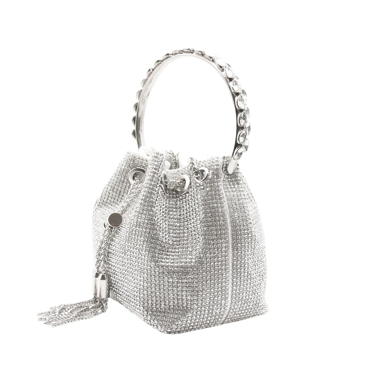 DJBM Women Full Diamonds Bucket Handbag Rhinestone Clutch Purse Evening Clutch for Women Party Prom Cocktail Wedding, Silver