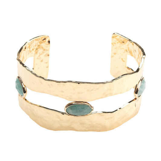 Amazonite Studded Hammered Gold Tone Brass Cuff Bracelet