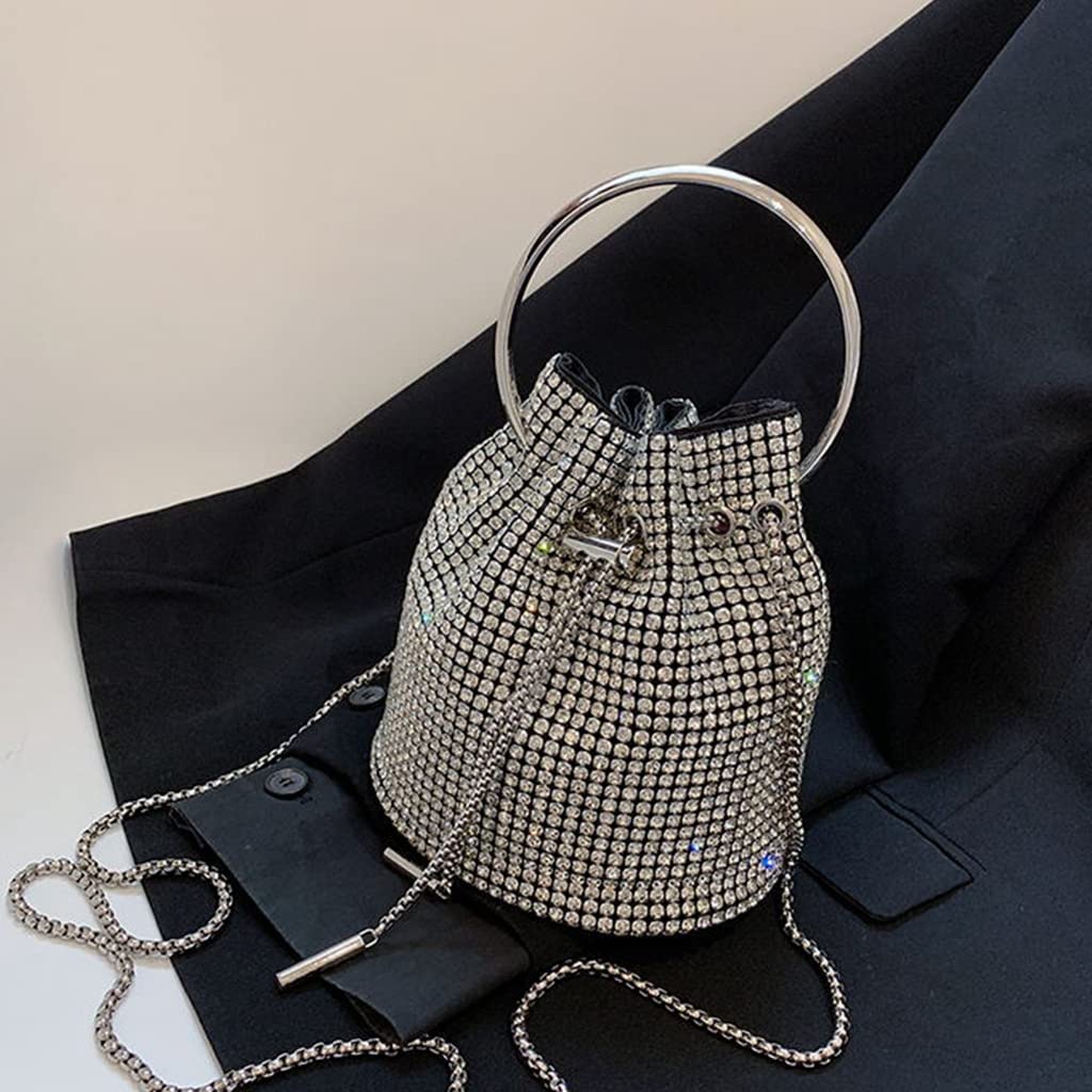 DJBM Sparkly Women Rhinestone Bucket Bag Diamond Evening Handbag Black Clutch Purse for Party Wedding Banquet Prom Purse, Black