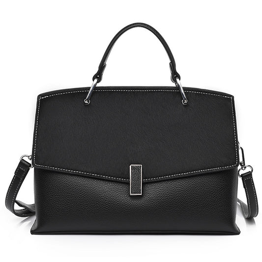 Spacious Black Leather Commuter Bag with Textured Flap and Rectangular Clasp