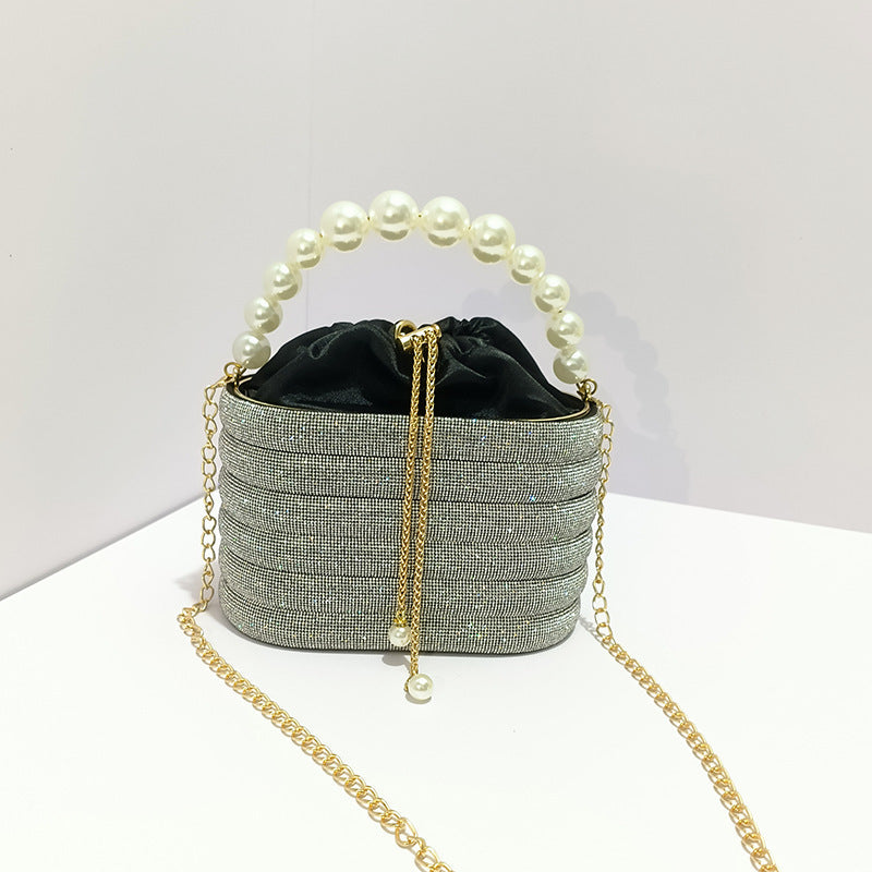 Sparkling Striped Rhinestone Evening Bag with Drawstring Closure and Fax Pearl Handle