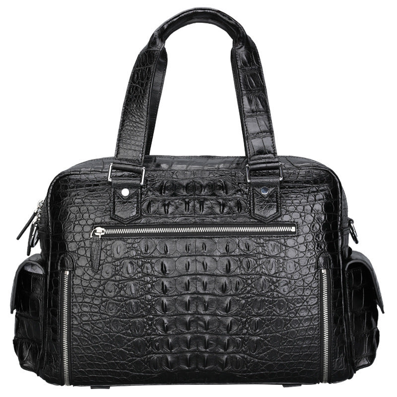 Black Multi-Pocket Leather Crocodile Texture Large Travel Bag