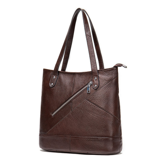 Coffee Leather Shoulder Bag with Asymmetrical Zippered Pocket Design