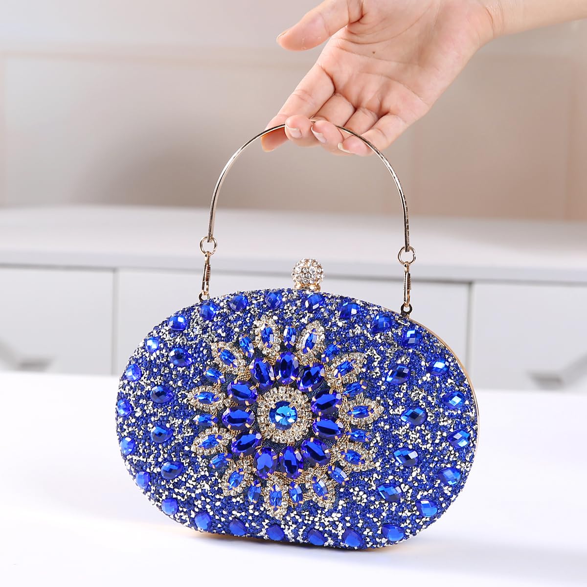 Beaguful Women's Evening Bags Sparkly Rhinestone Clutch Purses Luxury Handbags Oval Royal Blue