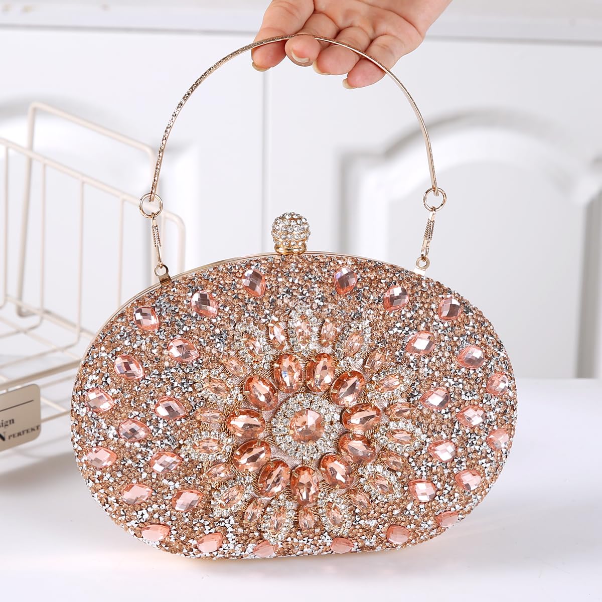 Beaguful Women's Evening Bags Sparkly Rhinestone Clutch Purses Luxury Handbags Oval Champagne