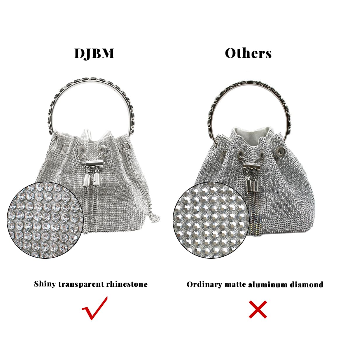 DJBM Women Full Diamonds Bucket Handbag Rhinestone Clutch Purse Evening Clutch for Women Party Prom Cocktail Wedding, Silver