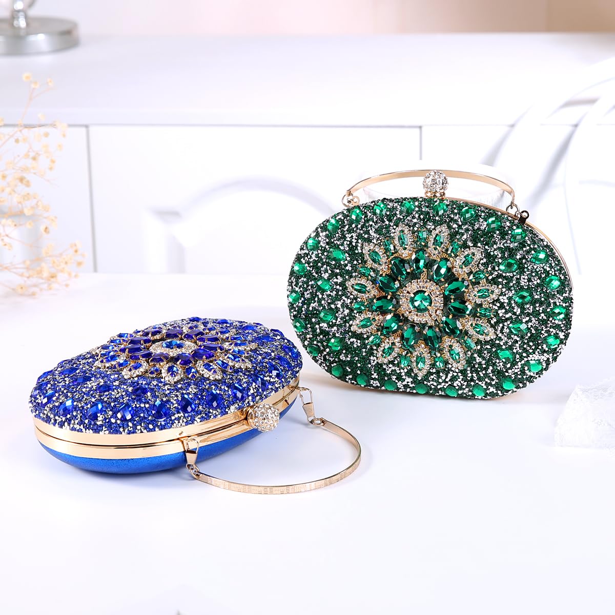 Beaguful Women's Evening Bags Sparkly Rhinestone Clutch Purses Luxury Handbags Oval Royal Blue