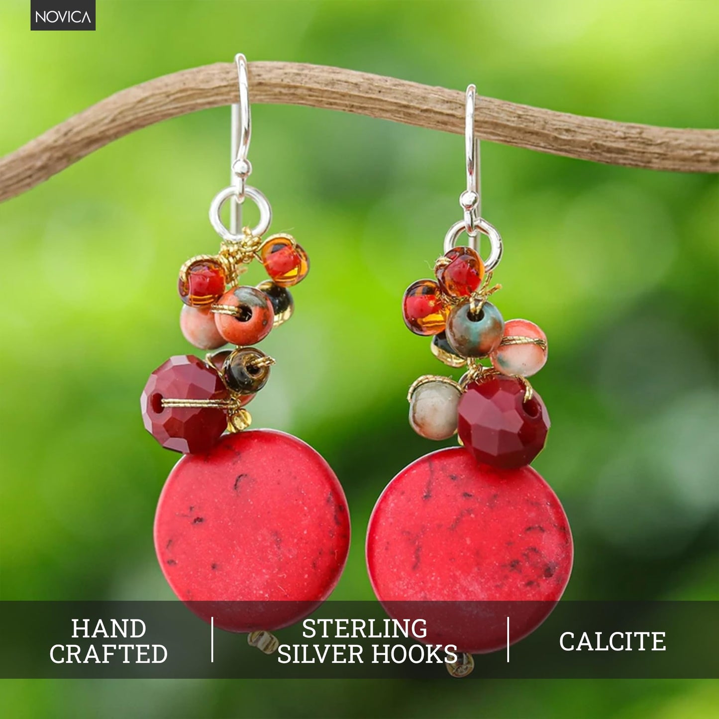 Handcrafted NOVICA Artisan Calcite Beaded Red Glass Dangle Earrings