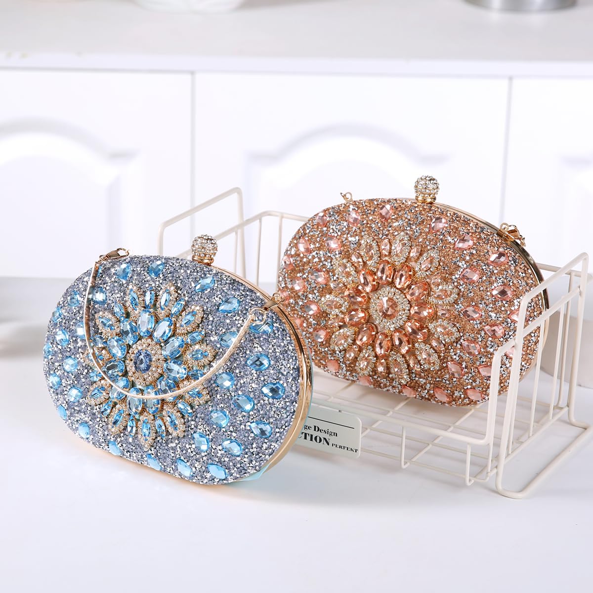 Beaguful Women's Evening Bags Sparkly Rhinestone Clutch Purses Luxury Handbags Oval Champagne