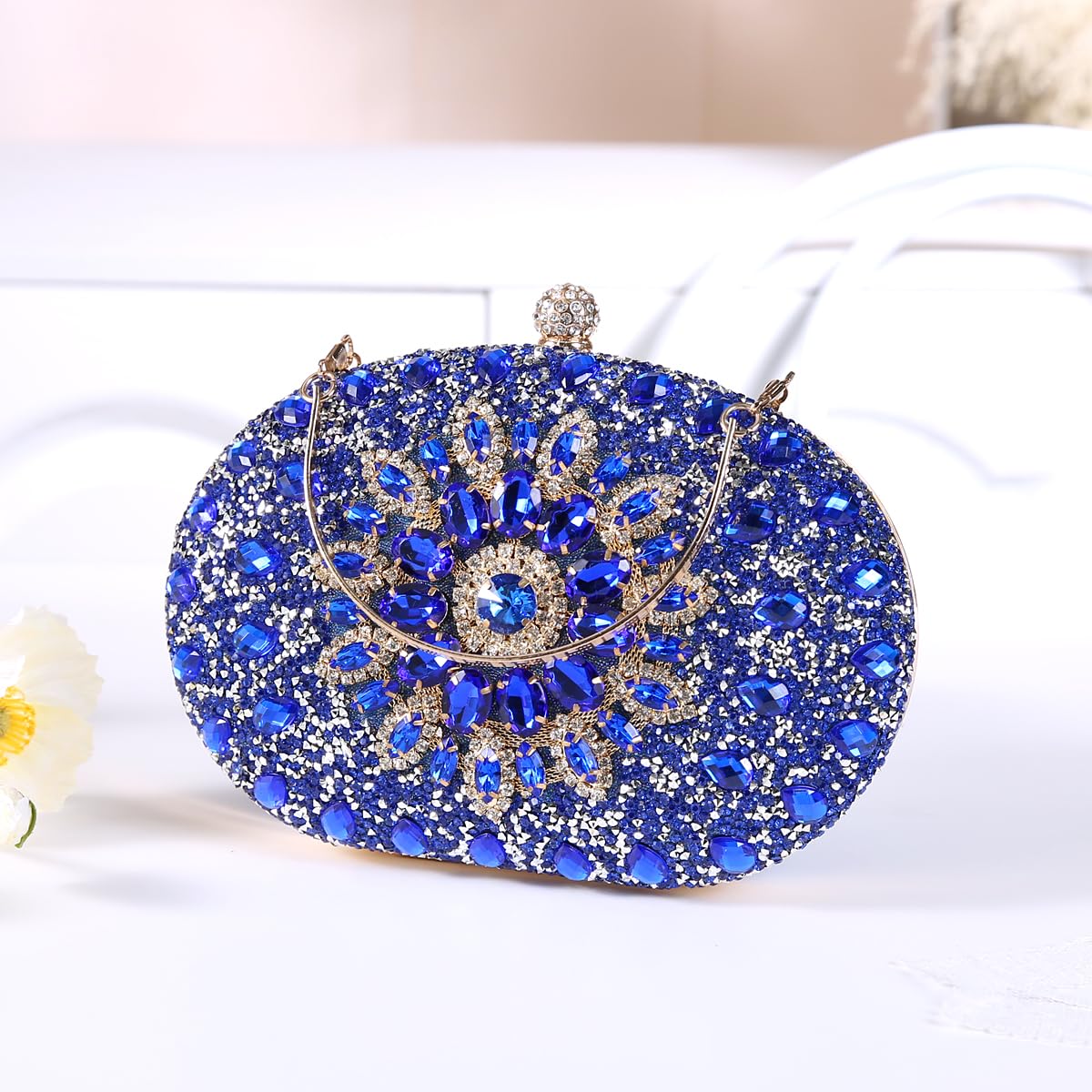 Beaguful Women's Evening Bags Sparkly Rhinestone Clutch Purses Luxury Handbags Oval Royal Blue