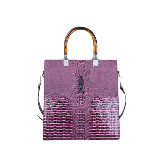 Patterned Leather Handbag with Resin Handle in Lavender, Forrest, Crimson, Pewter  and Black