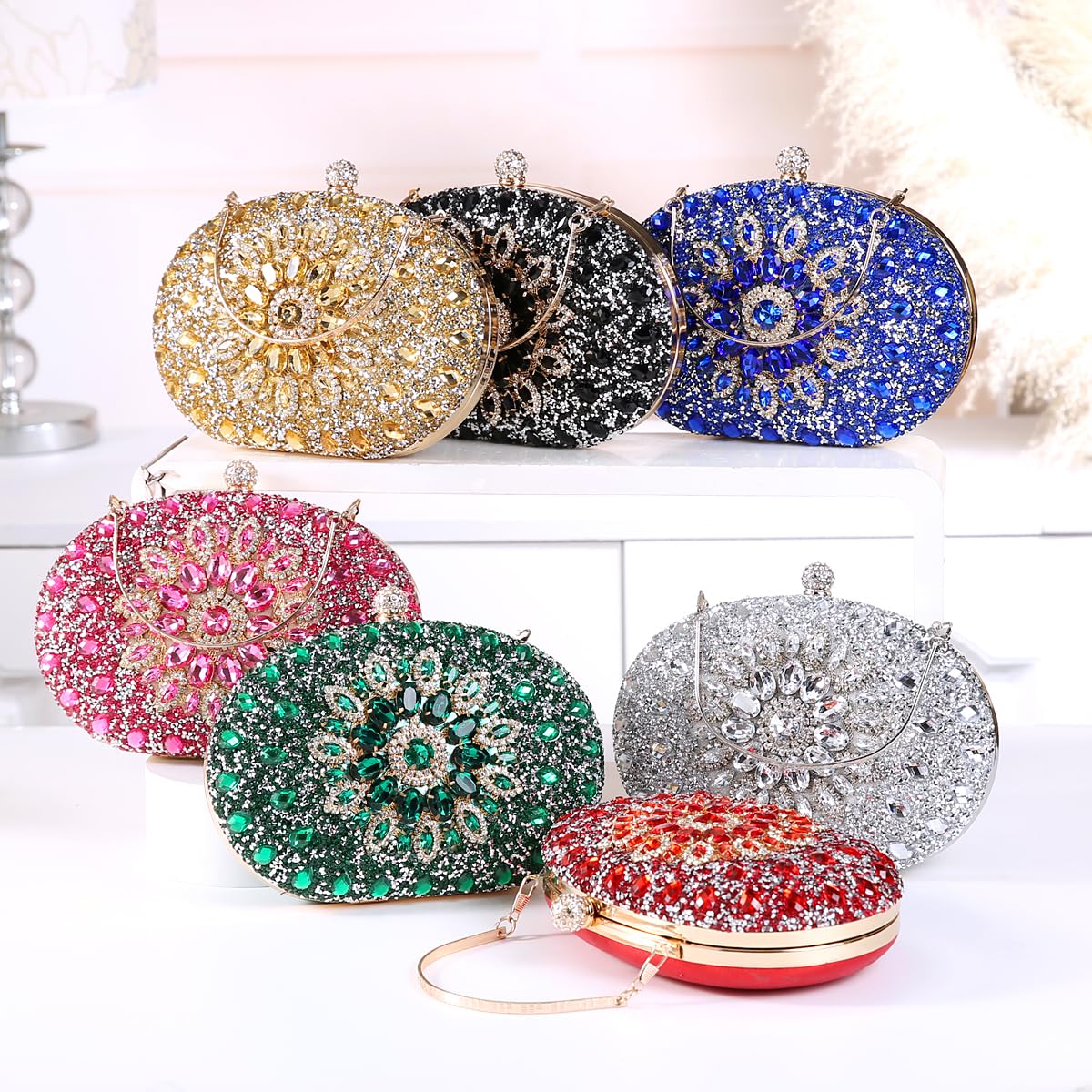 Beaguful Women's Evening Bags Sparkly Rhinestone Clutch Purses Luxury Handbags Oval Golden/Multicolor