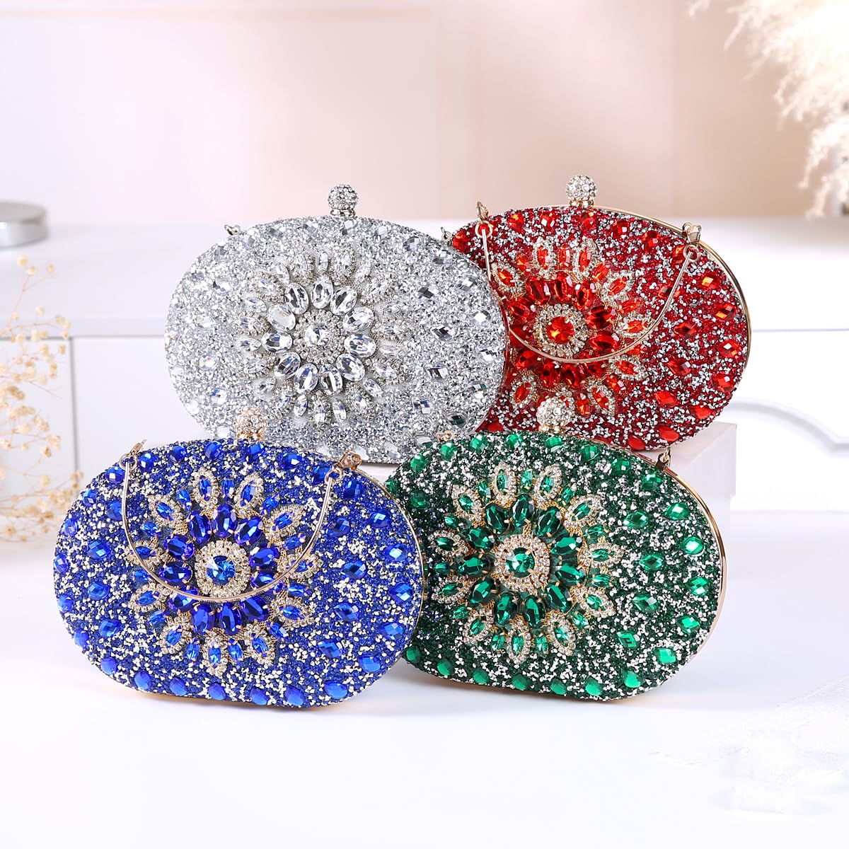 Beaguful Women's Evening Bags Sparkly Rhinestone Clutch Purses Luxury Handbags Oval Dark Purple