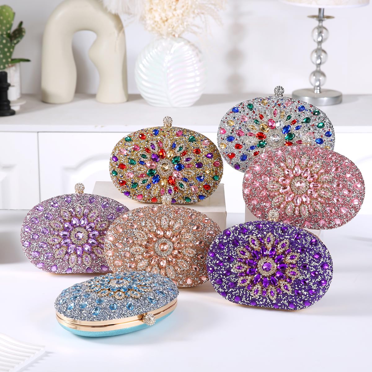 Beaguful Women's Evening Bags Sparkly Rhinestone Clutch Purses Luxury Handbags Oval Champagne