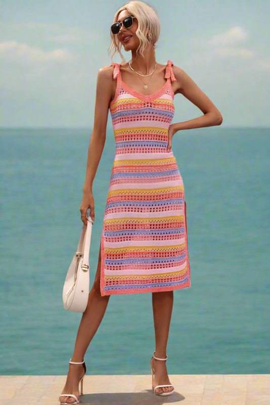 Striped Tie Shoulder Split Cover Up Dress