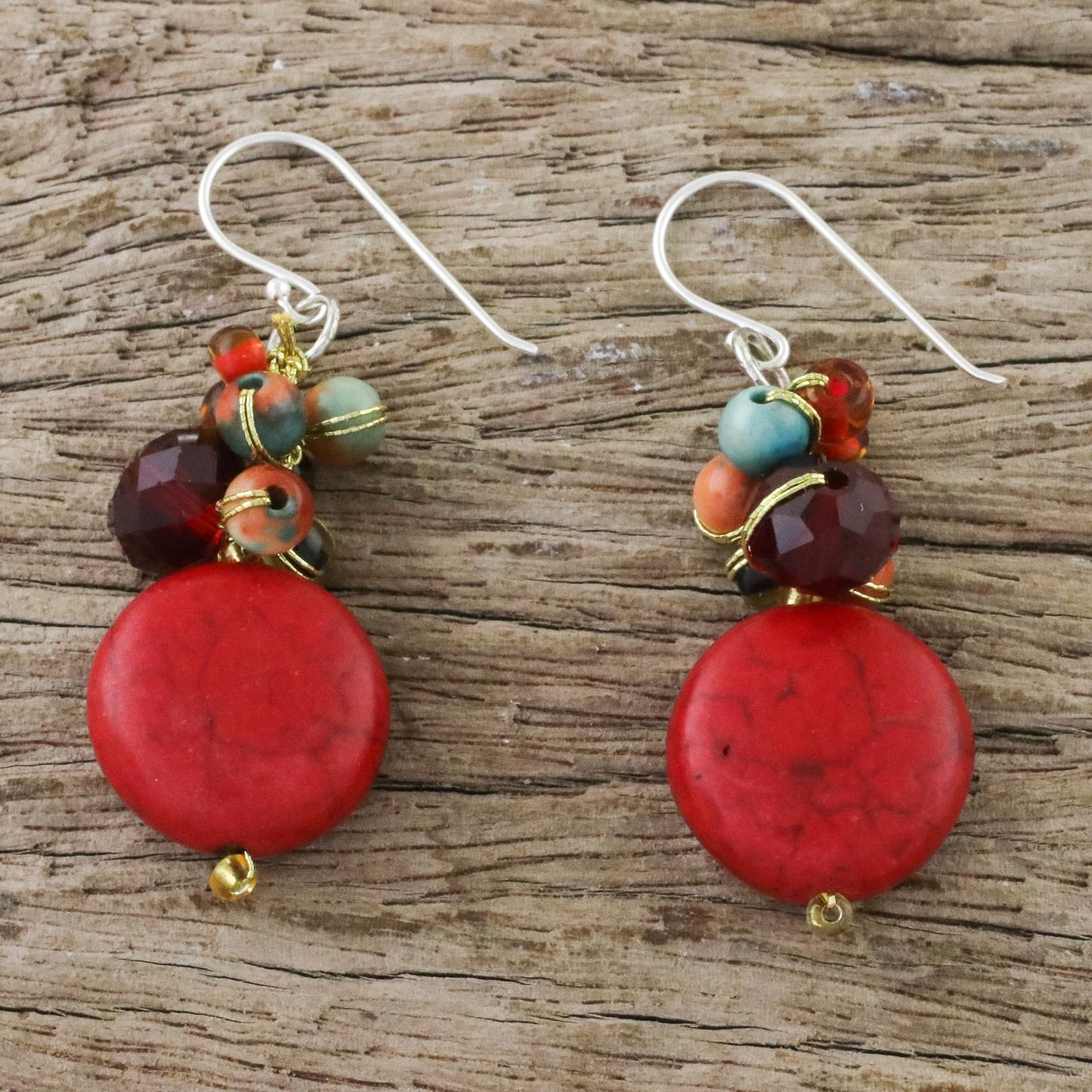 Handcrafted NOVICA Artisan Calcite Beaded Red Glass Dangle Earrings