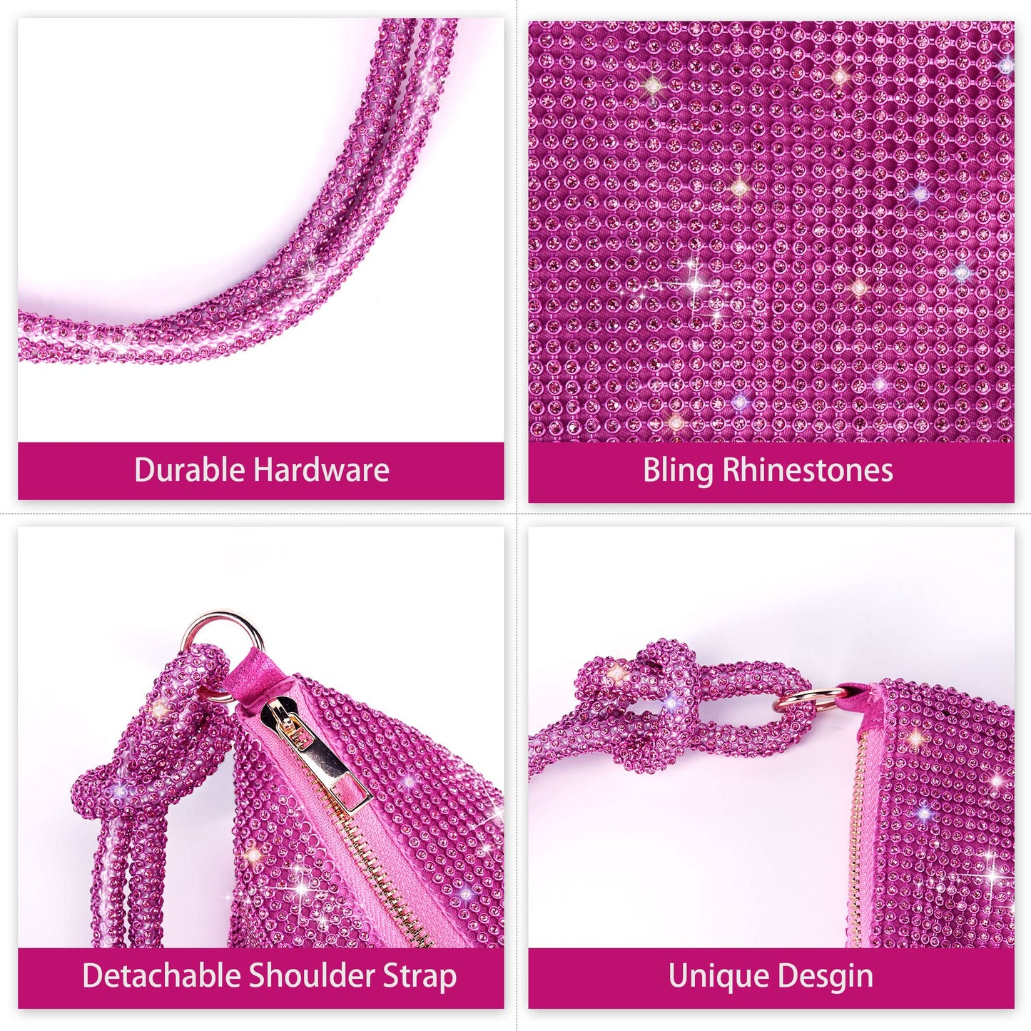 Sparkly Hot Pink Rhinestone Evening Bag with Knotted Shoulder Strap