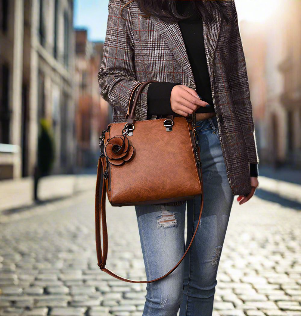 Faux Leather Handbag with Rose Decoration